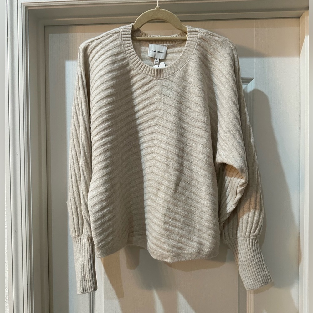 PINK ROSE Portia Ribbed Dolman Sweater - Off-White - M